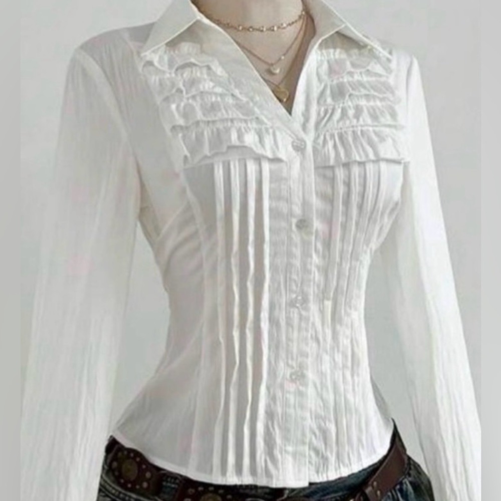 Chic White Ruffled Button-Down Shirt